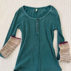 Free People Teal Long Sleeve Henley Top